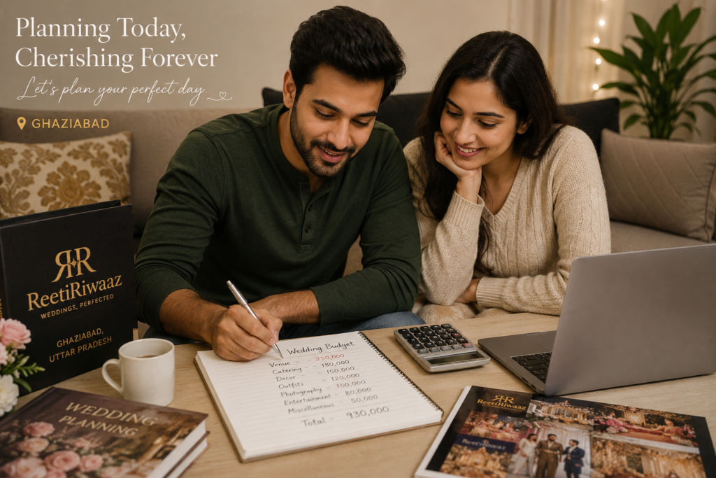 A young Indian couple sitting together and planning their wedding budget with a notebook, calculator, and laptop in Ghaziabad — ReetiRiwaaz
